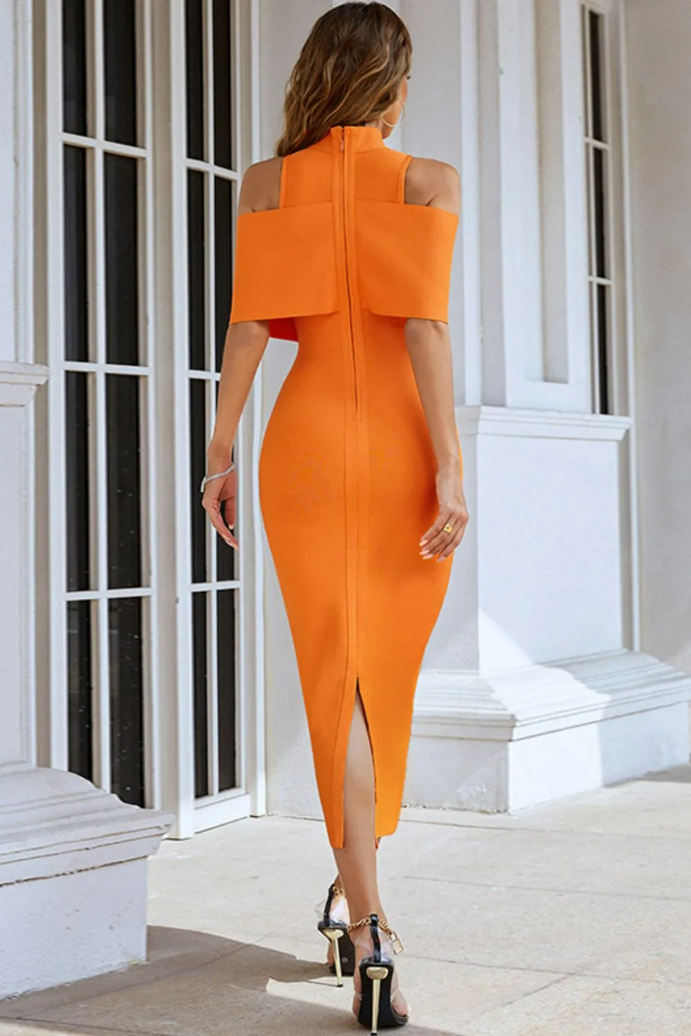 Affordable Cold-Shoulder Mock Neck Slit Midi Dress for Homecoming 2024: Cute & Stylish Hoco Outfit for Your Perfect Snowcoming Look