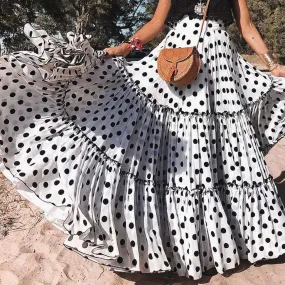 Fashion Polka Dot Printed Loose Ruffled Pleated Holiday Bohemian Women Skirt