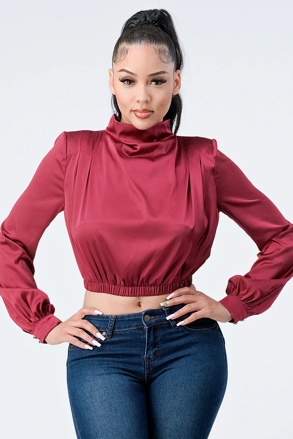 LUX SOFT STRETCH SATIN MOCK NECK CROP BLOUSE TOP