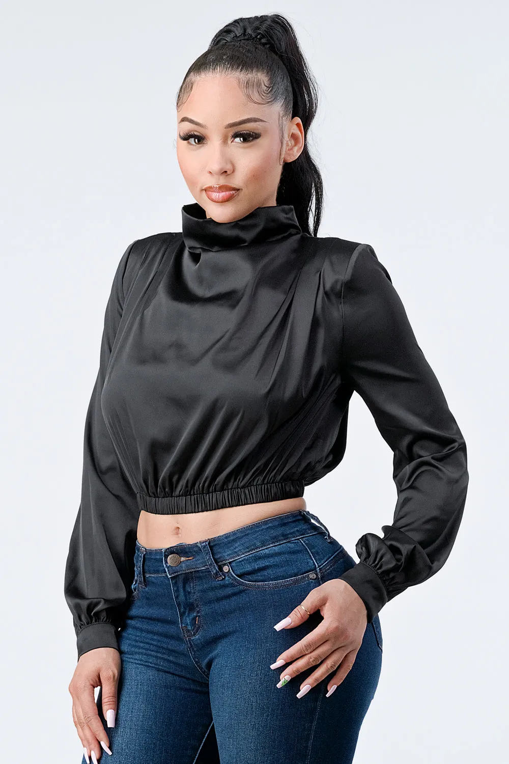 LUX SOFT STRETCH SATIN MOCK NECK CROP BLOUSE TOP