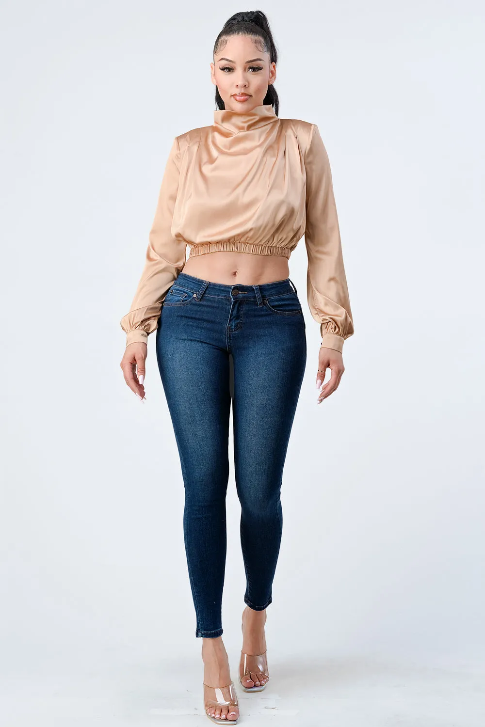 LUX SOFT STRETCH SATIN MOCK NECK CROP BLOUSE TOP