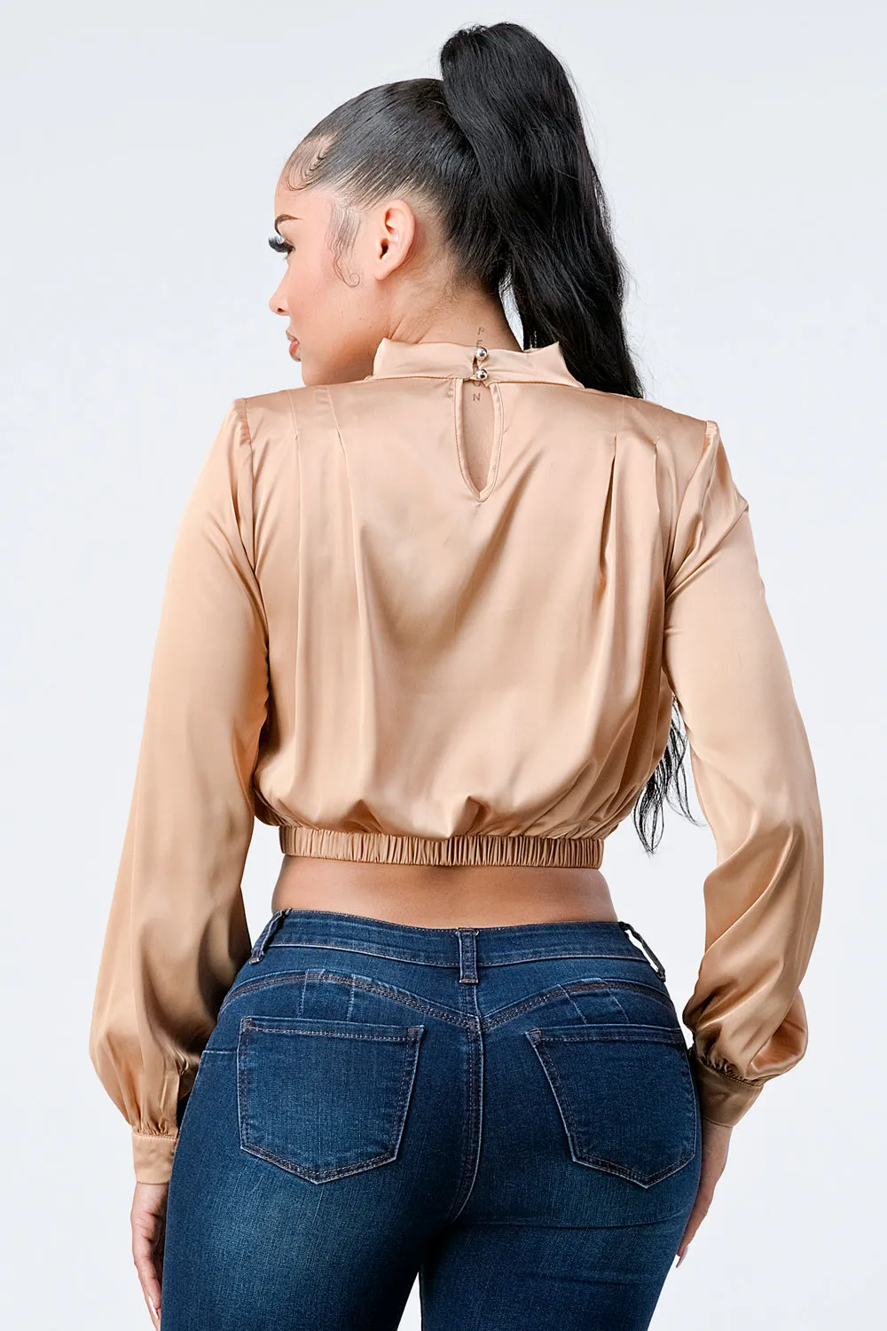 LUX SOFT STRETCH SATIN MOCK NECK CROP BLOUSE TOP