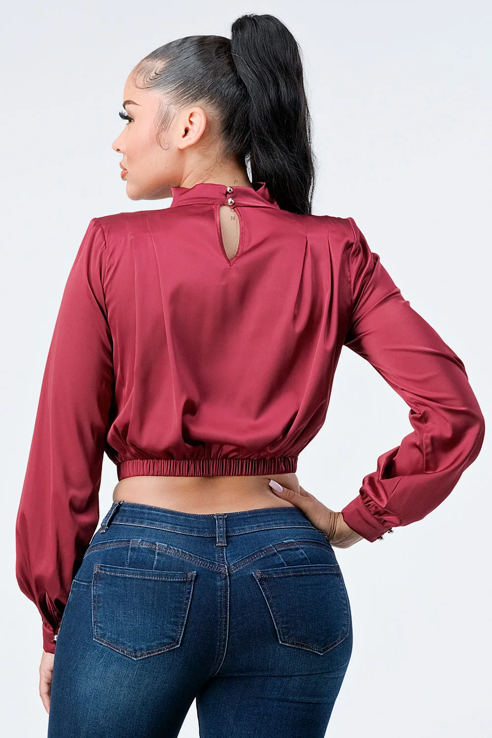 LUX SOFT STRETCH SATIN MOCK NECK CROP BLOUSE TOP