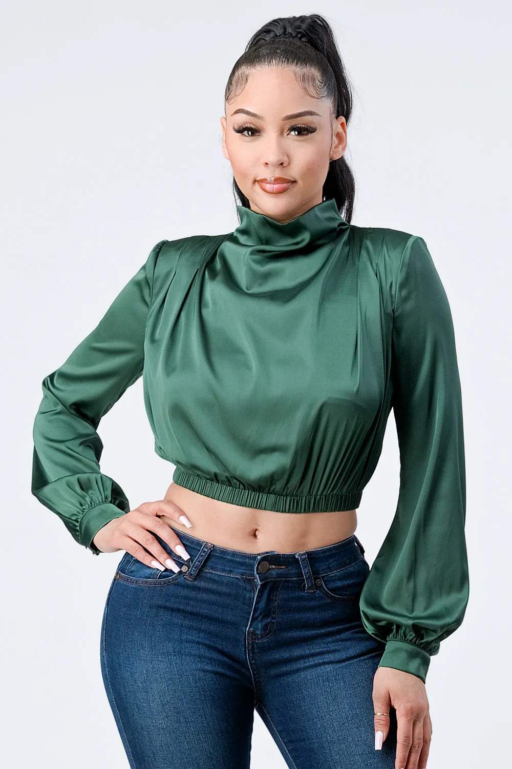 LUX SOFT STRETCH SATIN MOCK NECK CROP BLOUSE TOP
