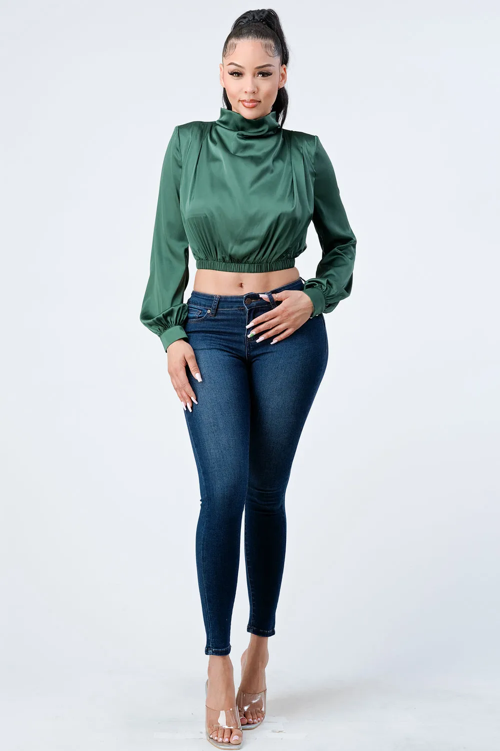 LUX SOFT STRETCH SATIN MOCK NECK CROP BLOUSE TOP