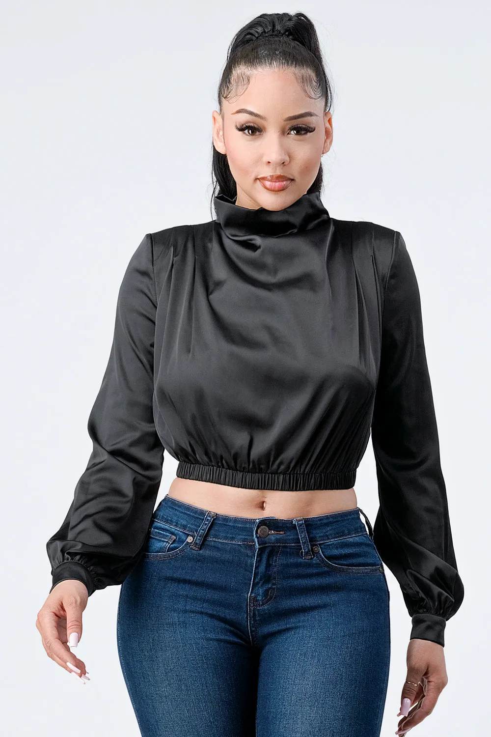 LUX SOFT STRETCH SATIN MOCK NECK CROP BLOUSE TOP