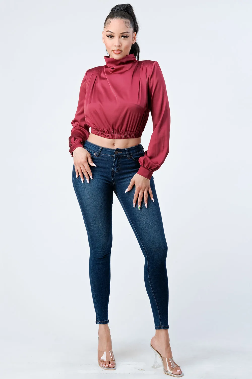 LUX SOFT STRETCH SATIN MOCK NECK CROP BLOUSE TOP