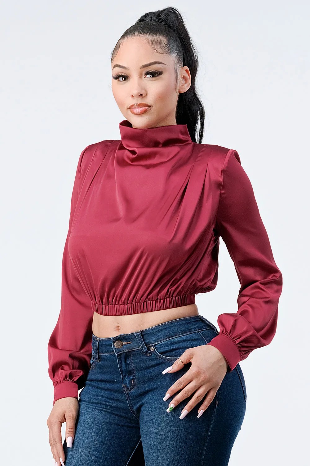 LUX SOFT STRETCH SATIN MOCK NECK CROP BLOUSE TOP