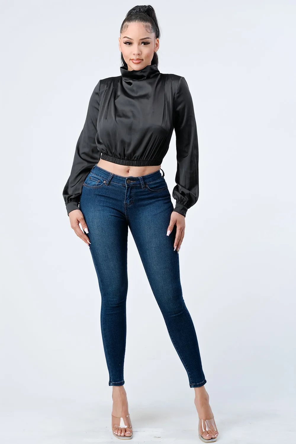 LUX SOFT STRETCH SATIN MOCK NECK CROP BLOUSE TOP