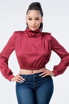 LUX SOFT STRETCH SATIN MOCK NECK CROP BLOUSE TOP