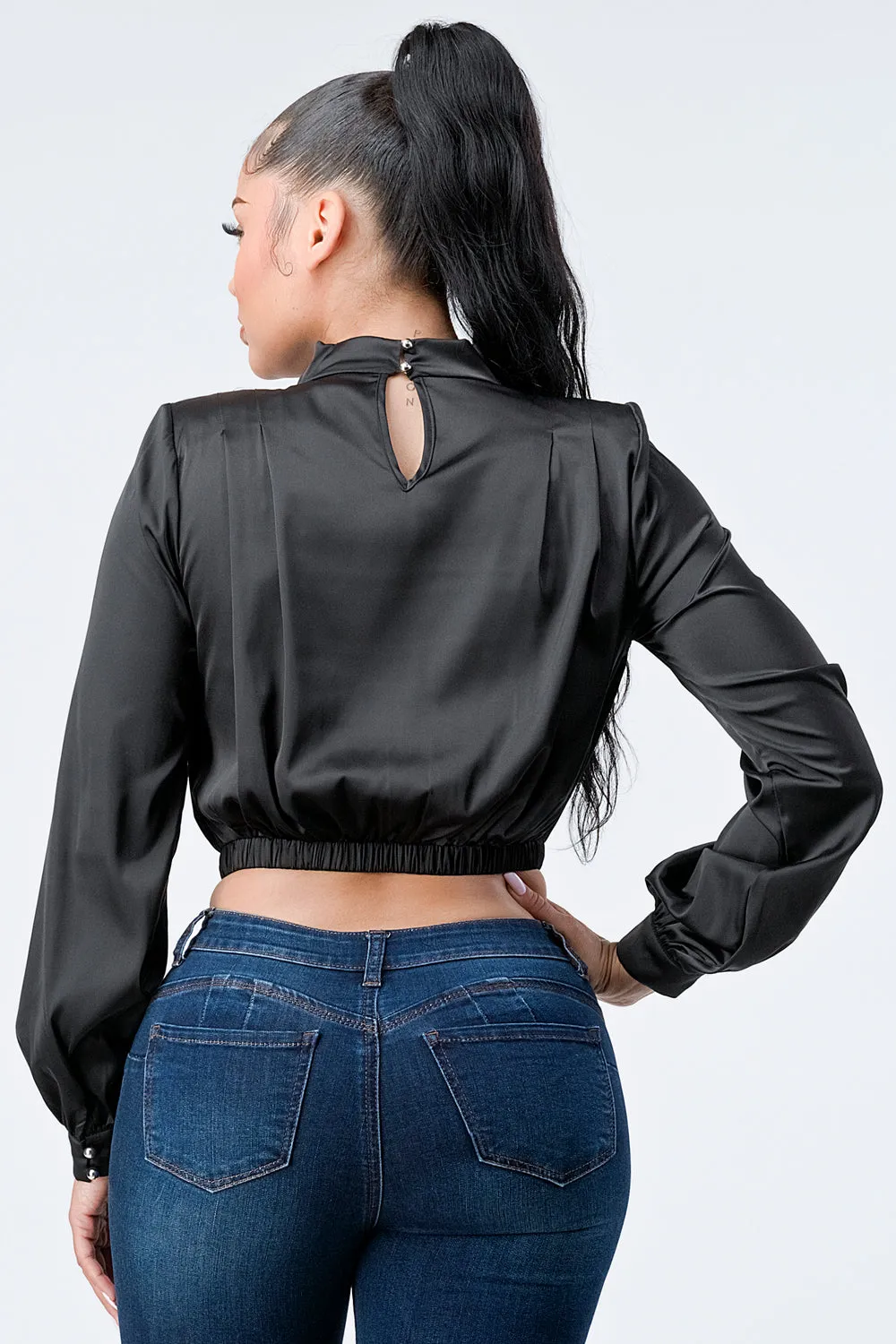 LUX SOFT STRETCH SATIN MOCK NECK CROP BLOUSE TOP