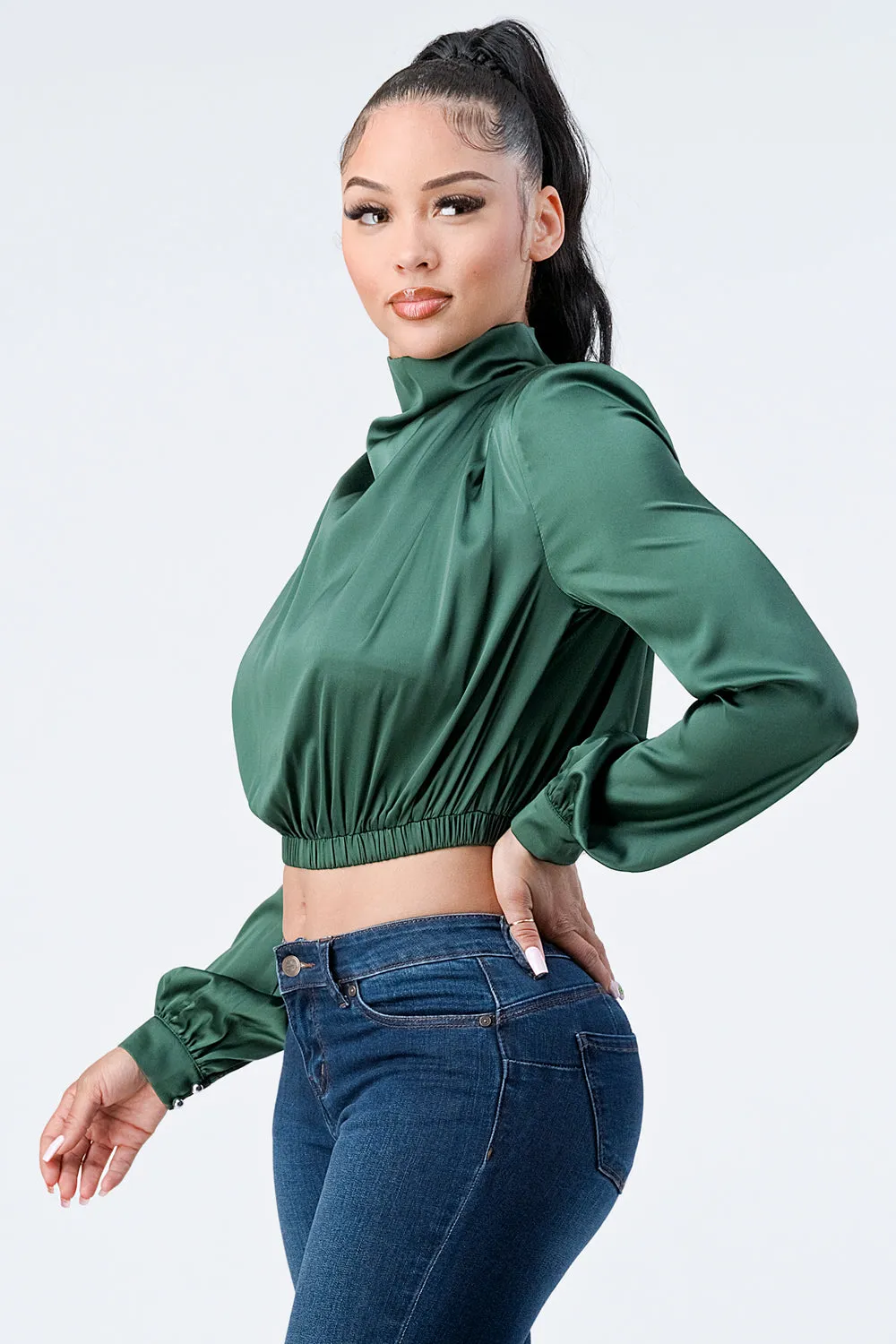 LUX SOFT STRETCH SATIN MOCK NECK CROP BLOUSE TOP