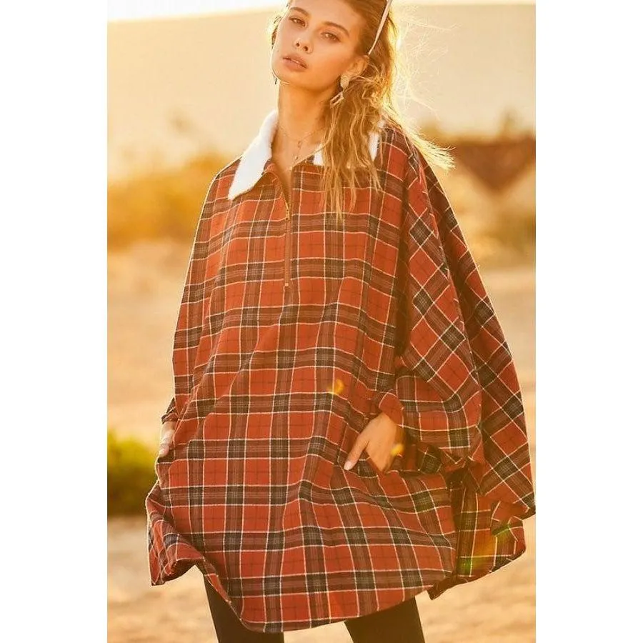 Mock Neck With Zipper Contrast Inside Front Pocket Plaid Poncho