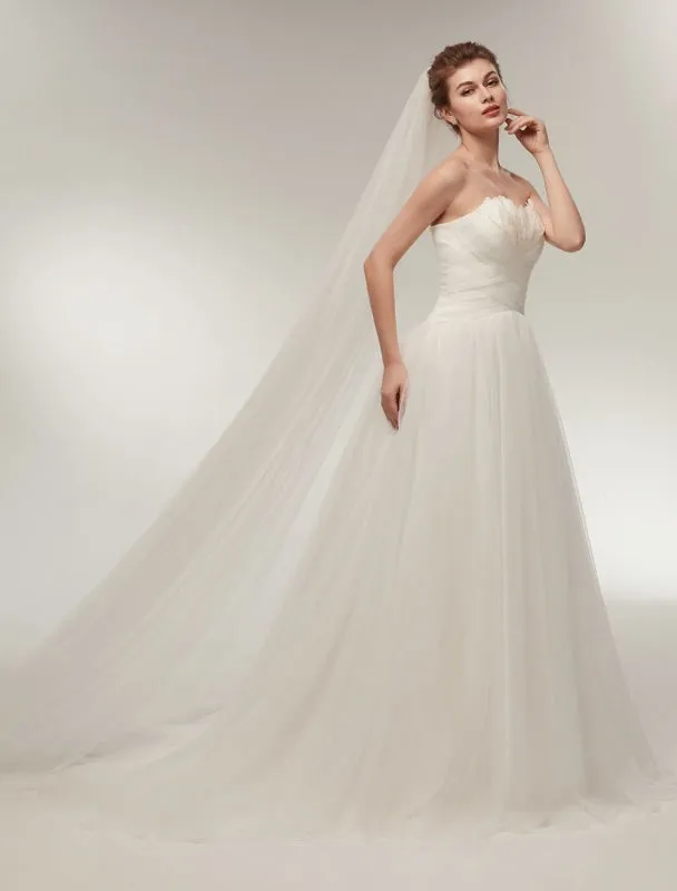 Strapless Wedding Dresses Ivory Sweetheart Neckline Bridal Gown Feathers Tulle Wedding Gown With Train