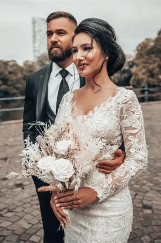 Stylish White Floral Lace Mermaid Bridal Dresses Long Sleeves V-Neck Spring Wedding Dress
